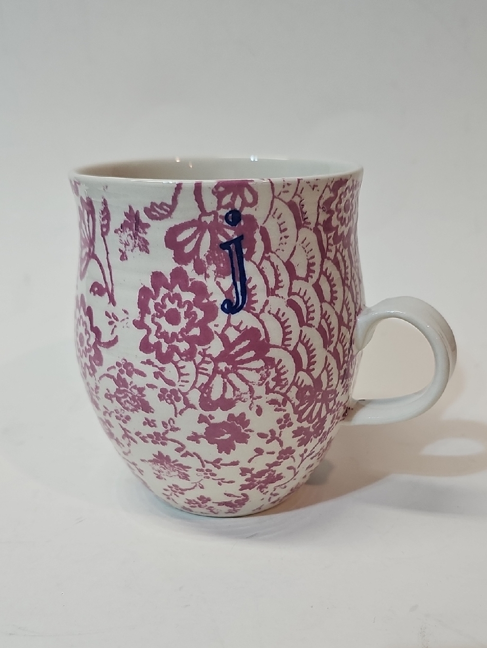 Anthropologie Homegrown Monogram Initial j Floral Pink White Teacup Coffee Mug